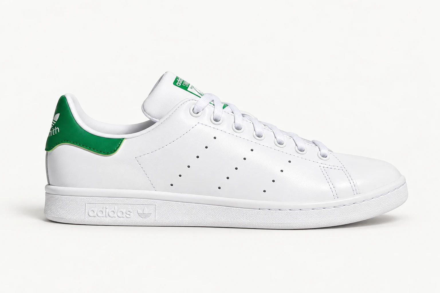 adidas Stan Smith in Cloud White / Core White / Green, side view